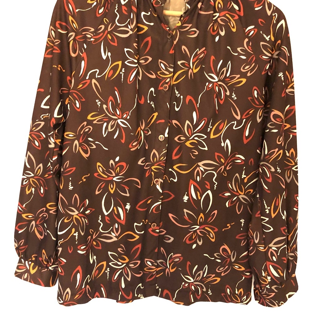 RARE VINTAGE DAYNE TAYLOR 60s BROWN FLORAL LONG SLEEVE BLOUSE TOP WOMEN SIZE 12